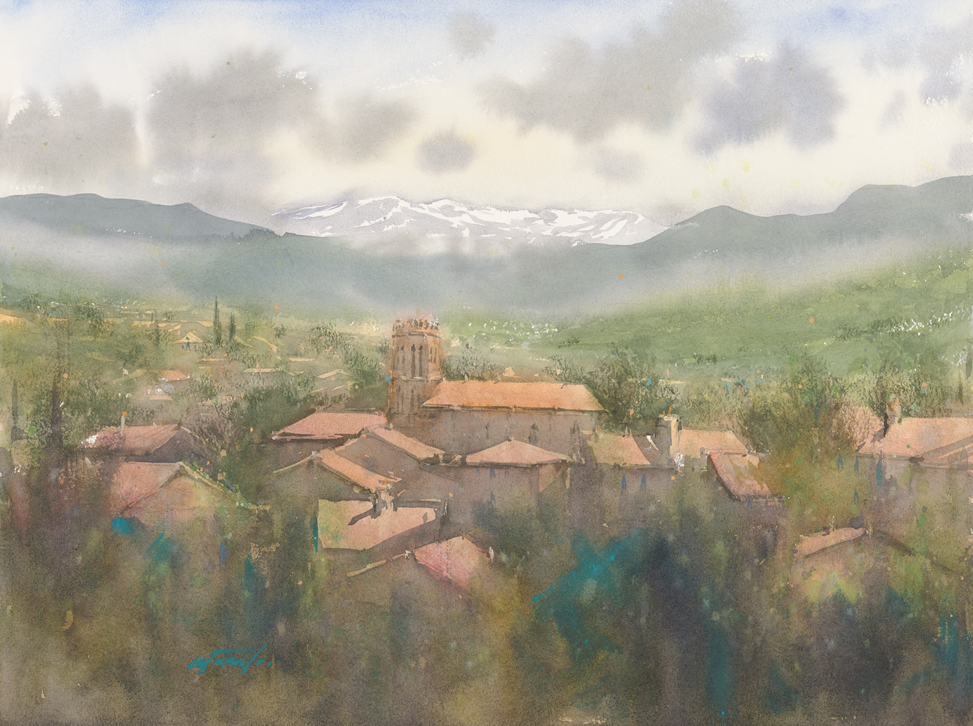 Aquarelle — la cathédrale de Saint-Lizier et les Pyrénées enneigées