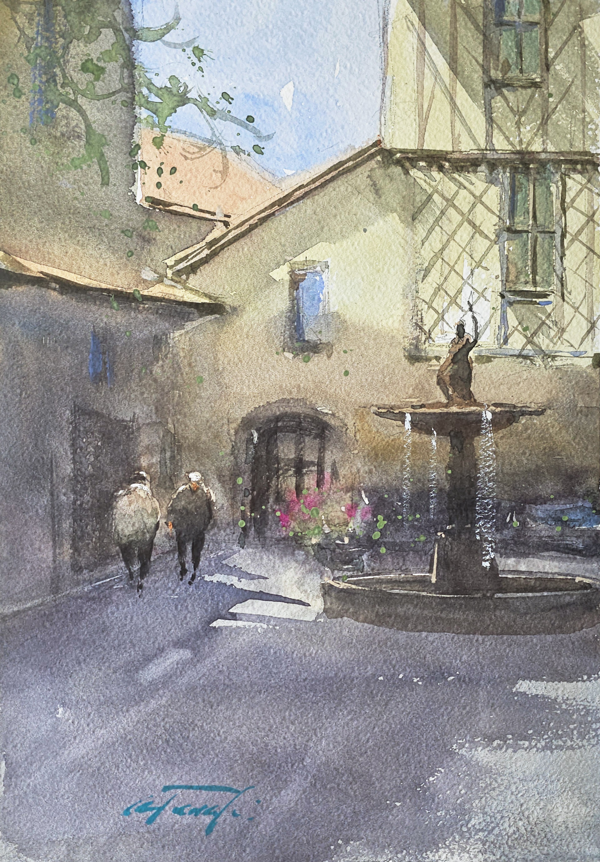 Aquarelle — ruelle et fontaine de Saint-Lizier