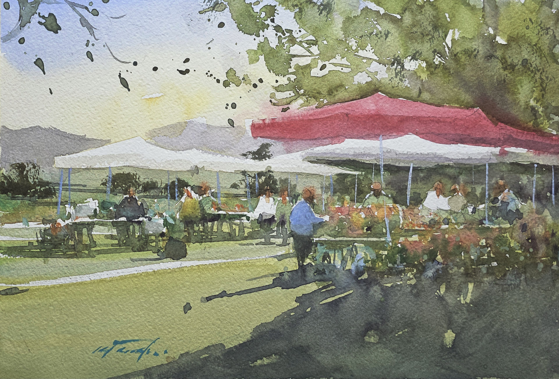 Aquarelle — le marché sous les tentes