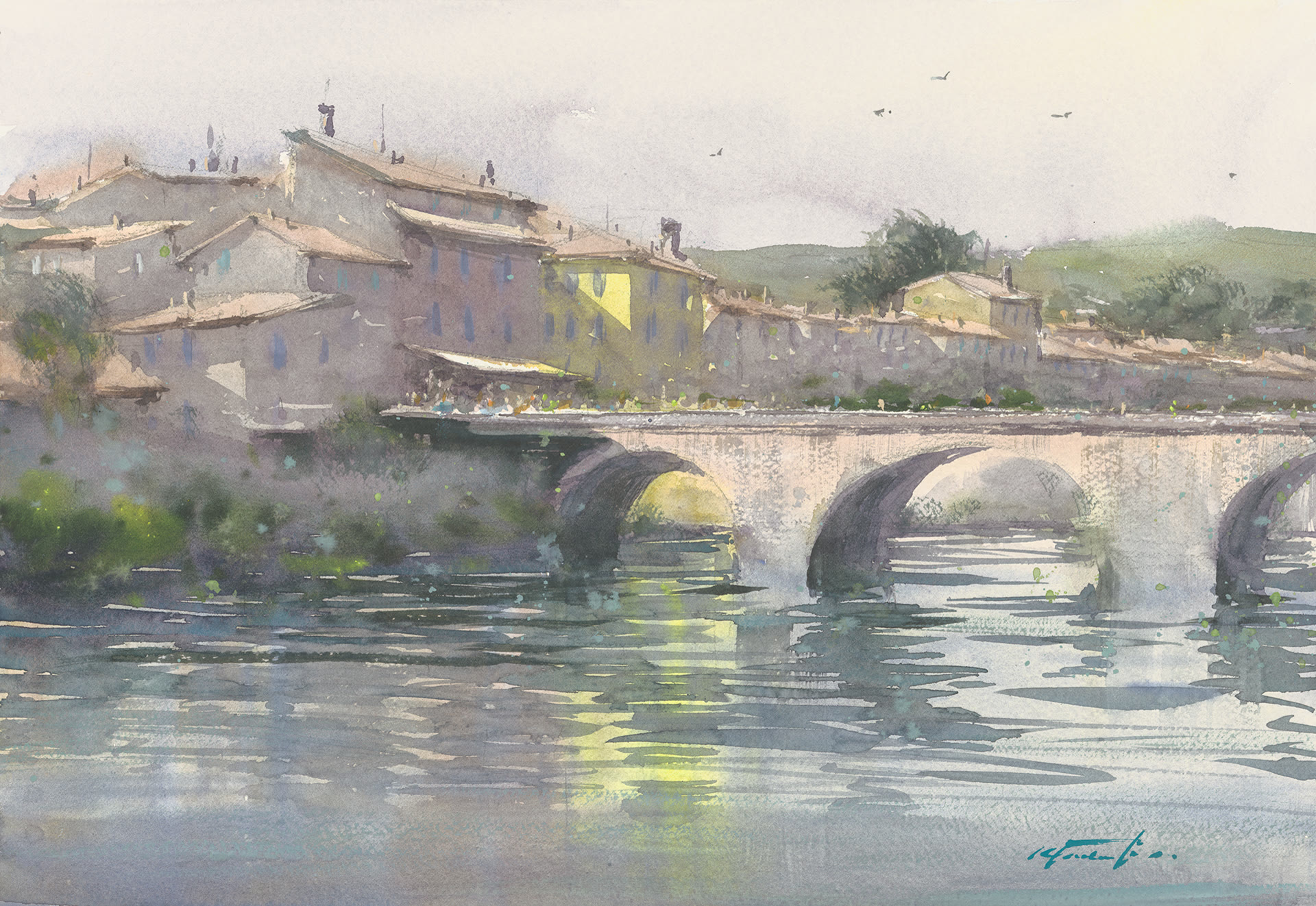 Aquarelle — le pont sur le Salat et ses reflets