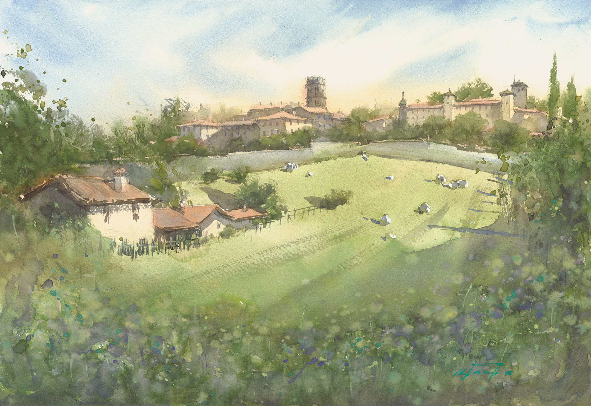Aquarelle de Keiko Tanabe — prairies et village de Saint-Lizier