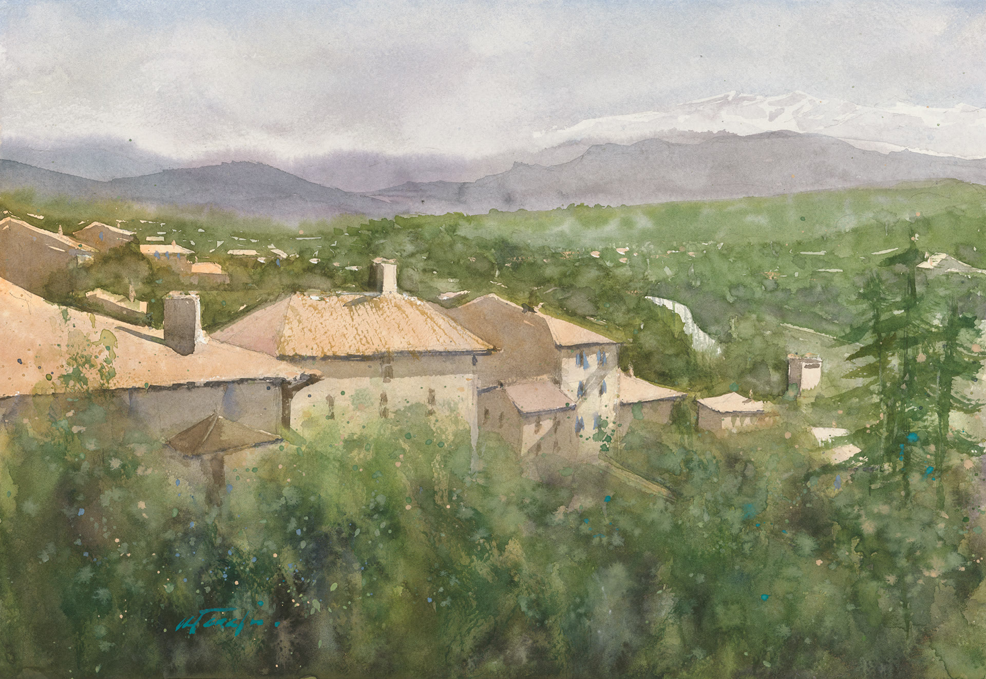Aquarelle — toits du village et Pyrénées au loin