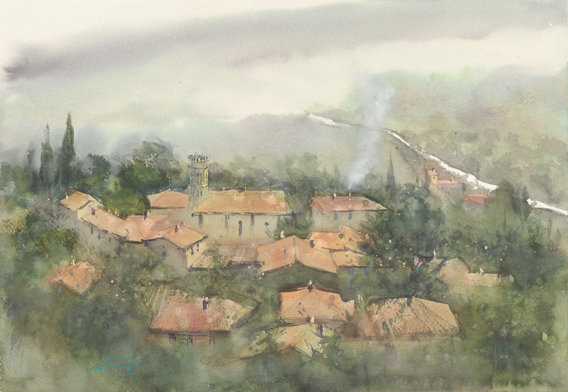 Aquarelle — le village dans la brume